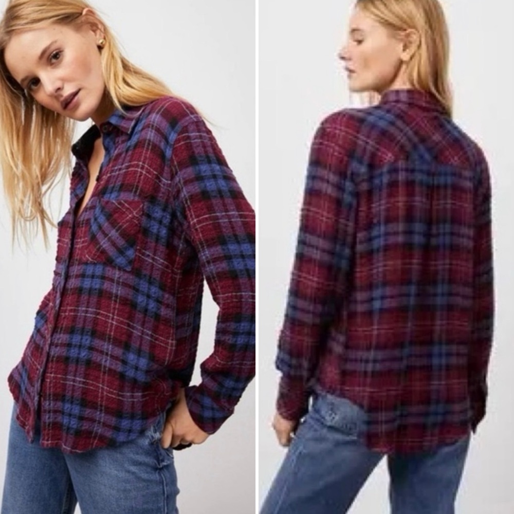 Rails Brady Mulberry Blue Plaid Flannel Button Down Shirt Cozy Soft Size S